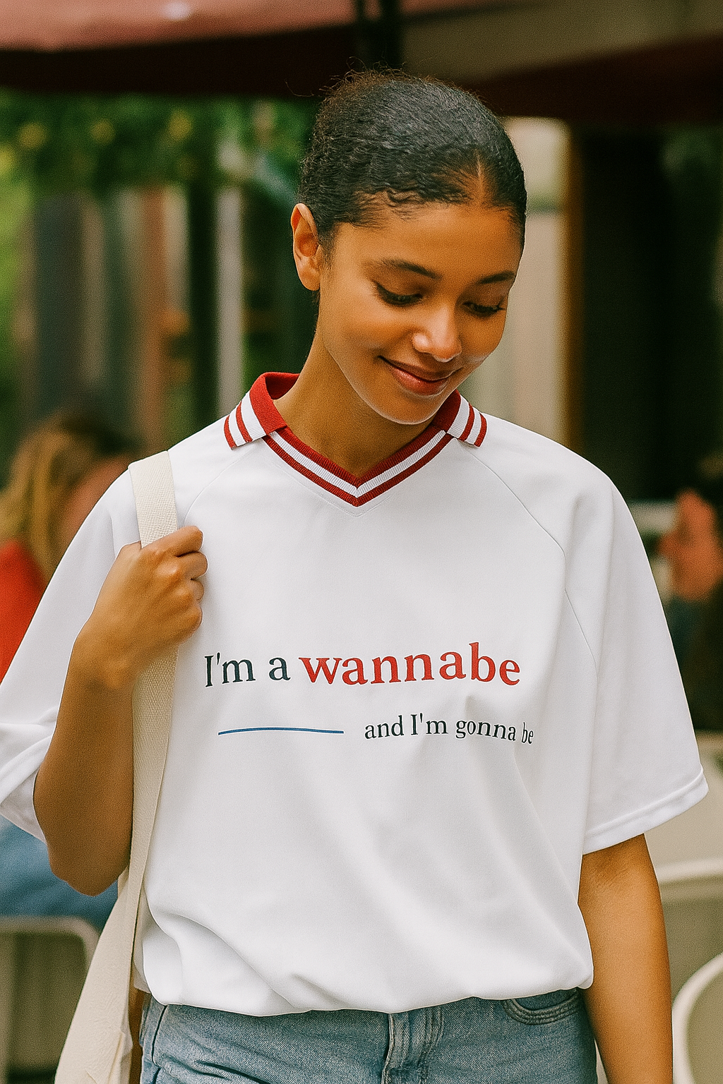 Contrast Collar "I'm a wannabe" Boxy T-Shirt