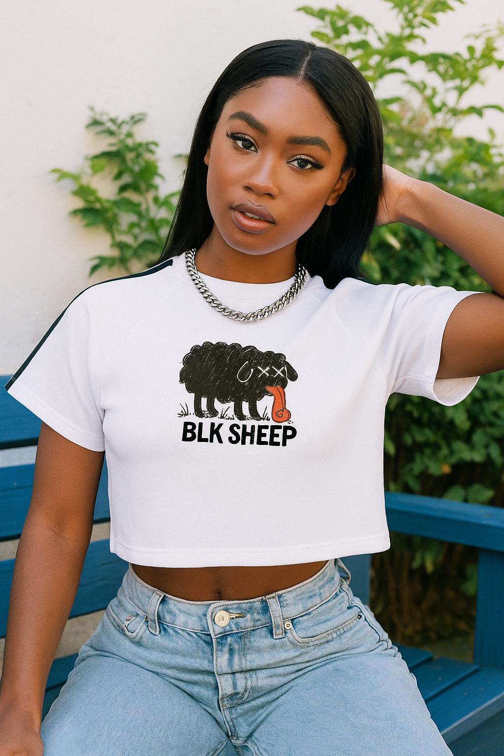 Taped Sleeve 'BLK SHEEP' Crop Top