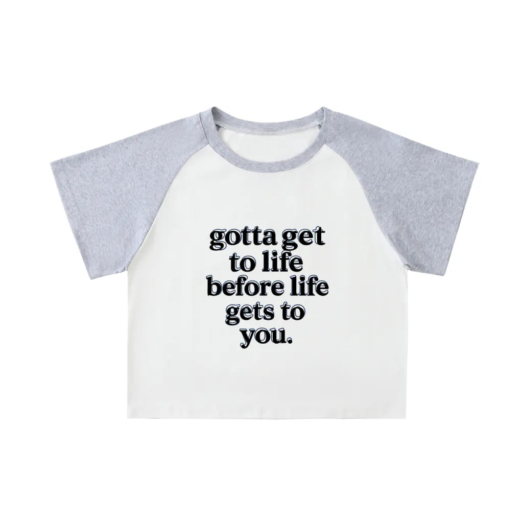 Color-Blocked 'gotta get to life' Sleeve Crop Top