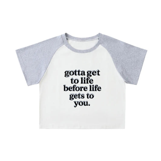 Color-Blocked 'gotta get to life' Sleeve Crop Top