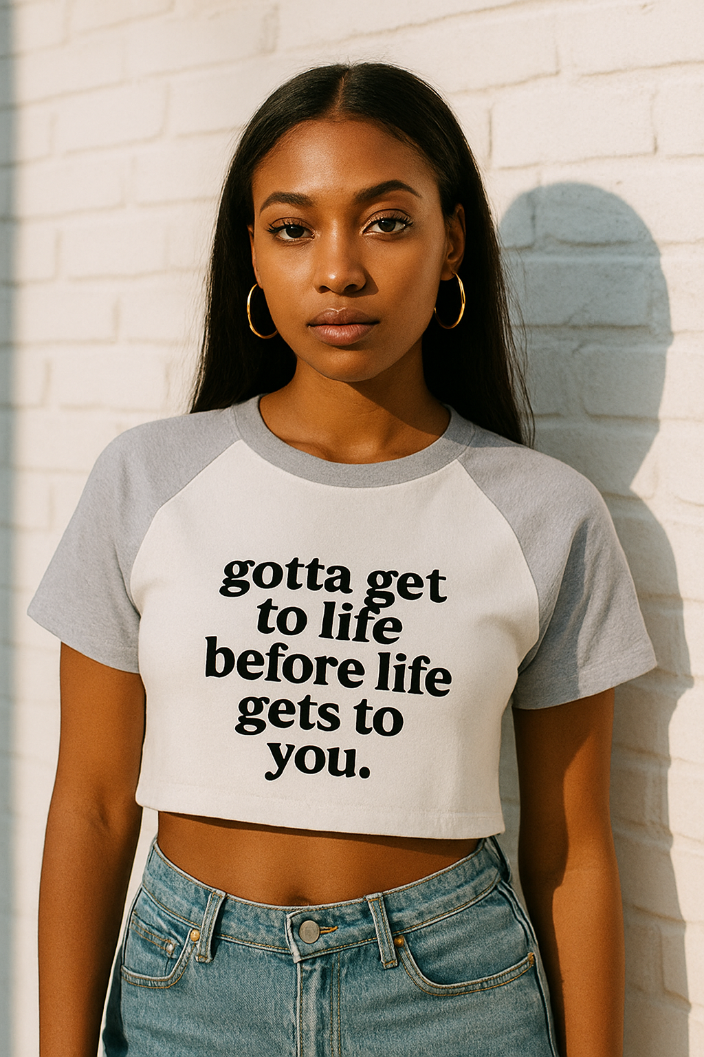Color-Blocked 'gotta get to life' Sleeve Crop Top